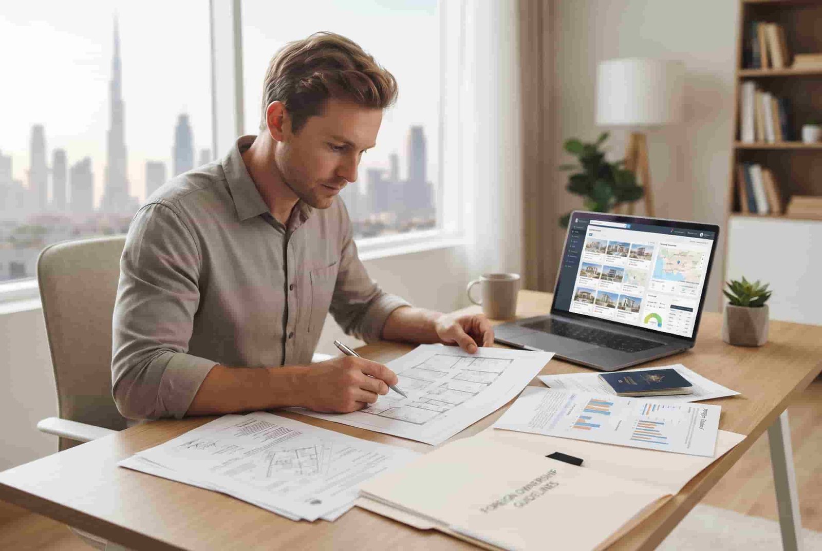Australian buyer reviewing Dubai penthouse ownership documents before purchase.