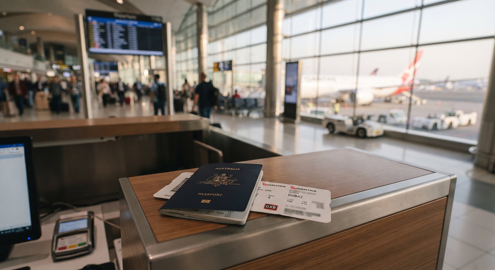 Australian passport and boarding pass before travelling to Dubai.