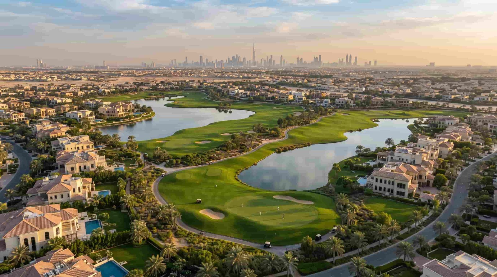 Golf course and lakes surrounded by private villas in Emirates Hills