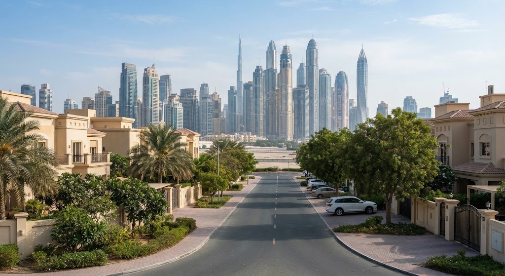 Dubai villa community in the foreground with apartment towers behind, showing the two investment options