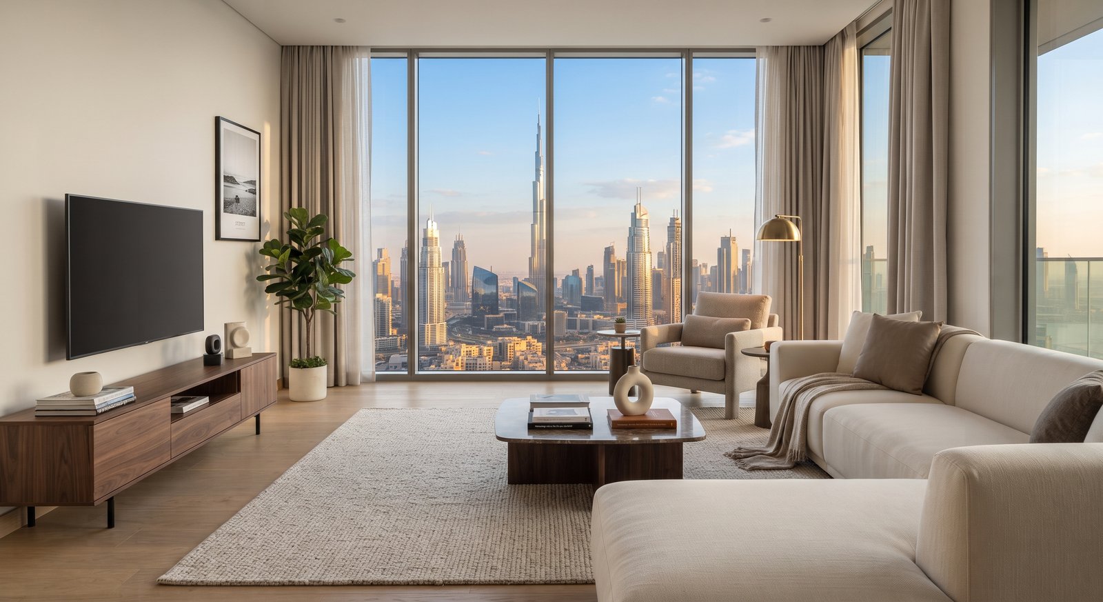 Modern Dubai apartment with a city skyline view for someone relocating from Australia.