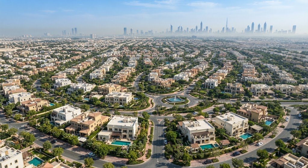 Aerial view of a Dubai villa community illustrating dubai villa investment conditions in 2026