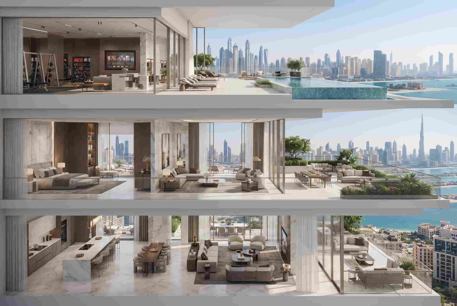 Different luxury levels of Dubai penthouses with skyline and terrace views.